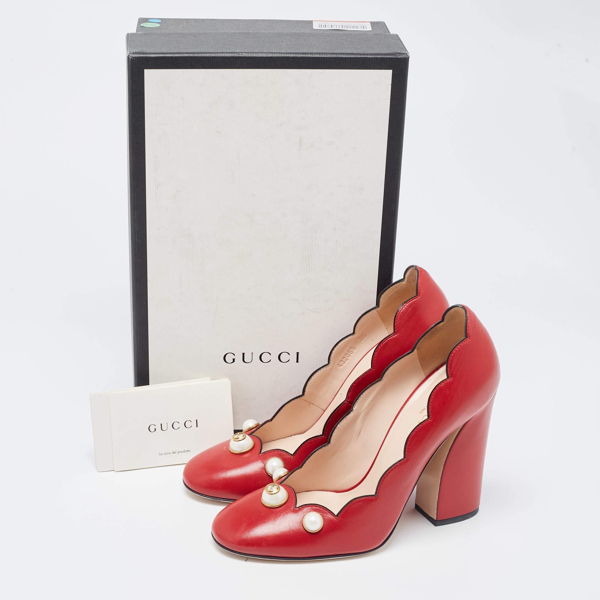 Gucci Red Leather Scalloped Willow Pearl Embellished Block Heel Pumps Size 38 5