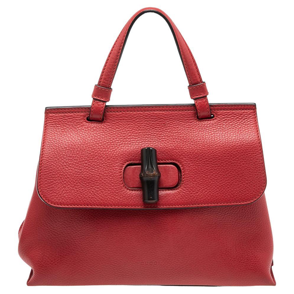 Gucci Red Leather Small Bamboo Daily Top Handle Bag