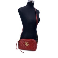 Gucci Red Leather Small GG Marmont Matelassè Camera Shoulder Bag