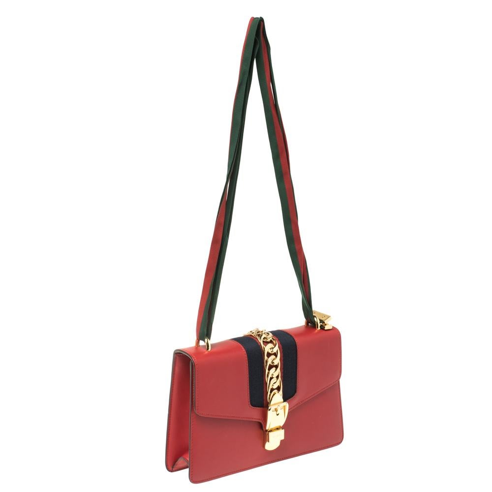 Women's Gucci Red Leather Small Web Chain Sylvie Shoulder Bag
