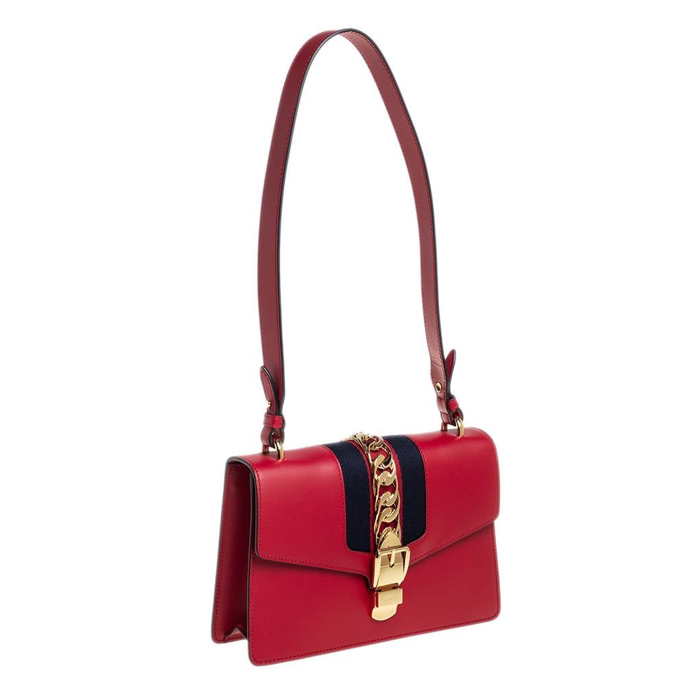 Women's Gucci Red Leather Small Web Chain Sylvie Shoulder Bag