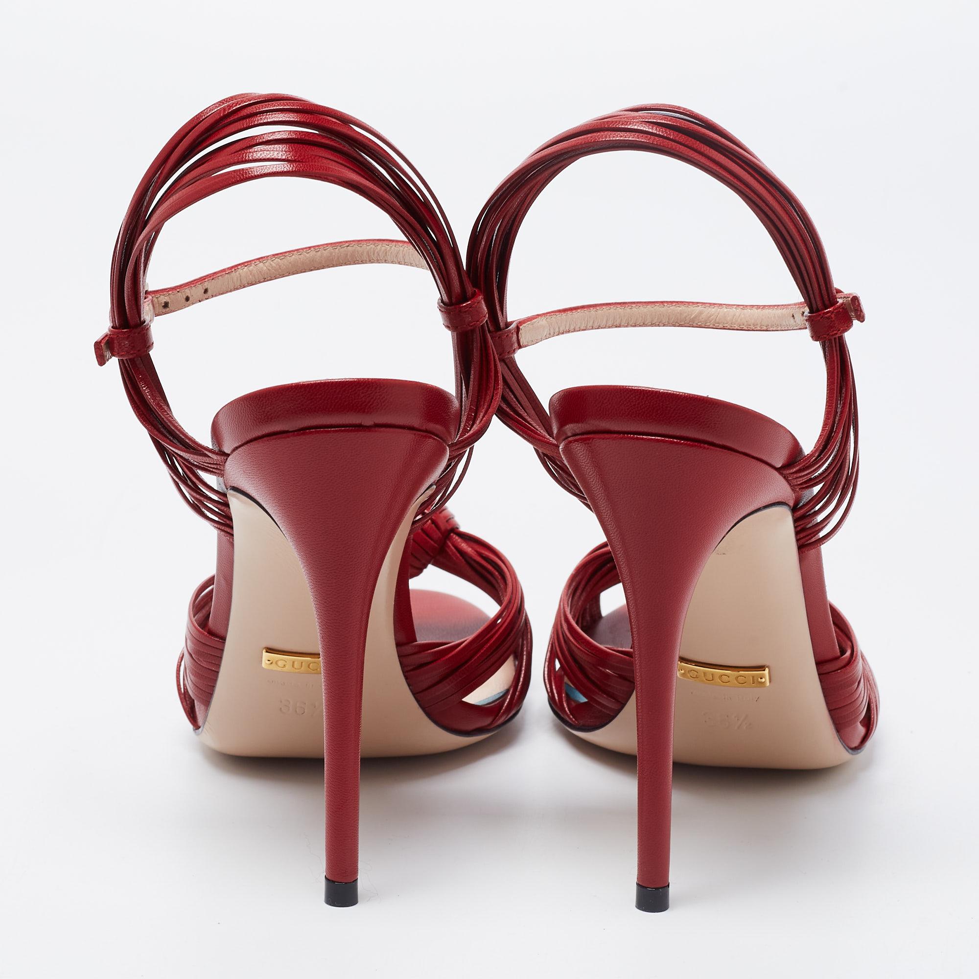 Gucci Red Leather Strappy Allie Knot Ankle Strap Slingback Sandals Size 36.5 In Good Condition In Dubai, Al Qouz 2