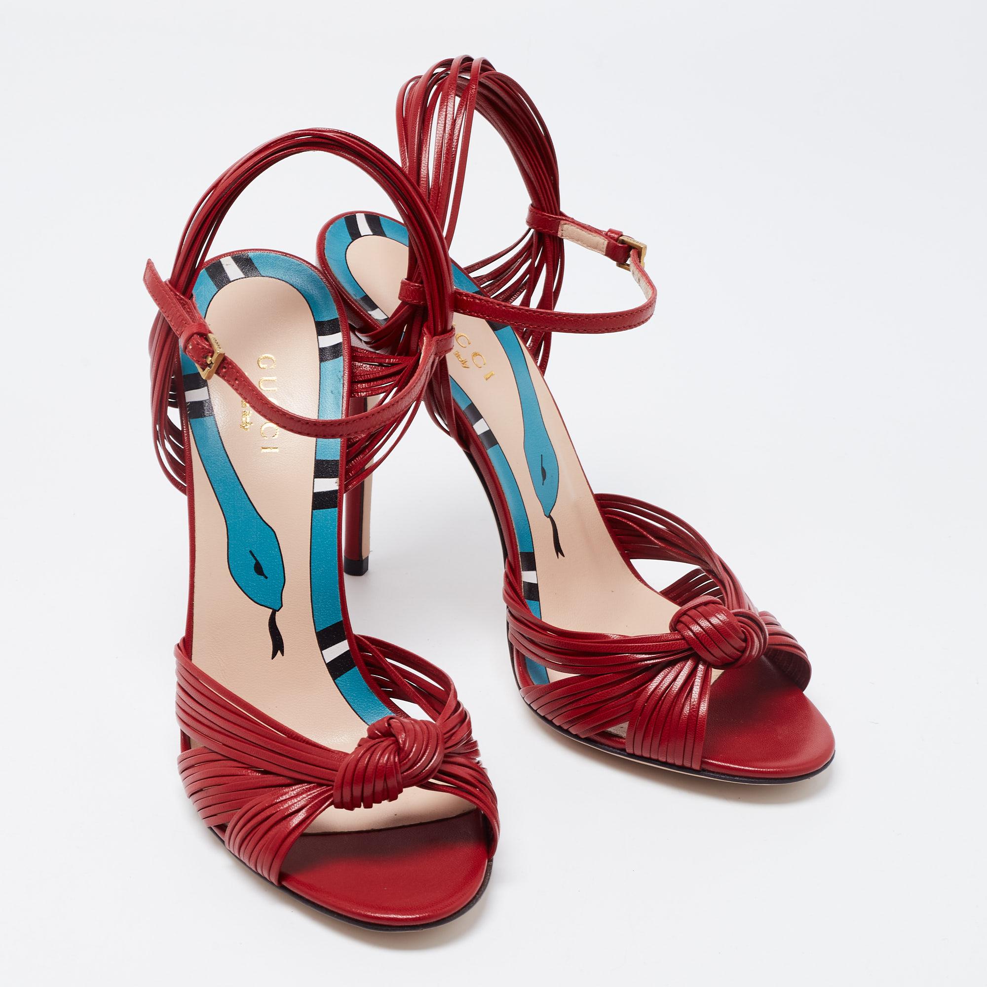 Gucci Red Leather Strappy Allie Knot Ankle Strap Slingback Sandals Size 36.5 1