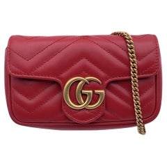 Used Gucci Red Leather Super Mini GG Marmont Matelassè Crossbody Bag