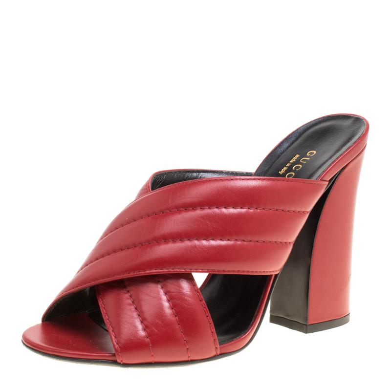 Gucci Red Leather Sylvia Crossover Mules Size 39.5