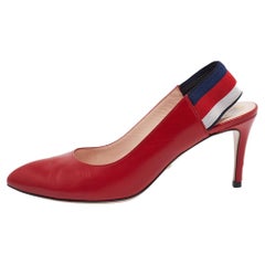 Gucci Red Leather Sylvie Web Slingback Pumps Size 37.5