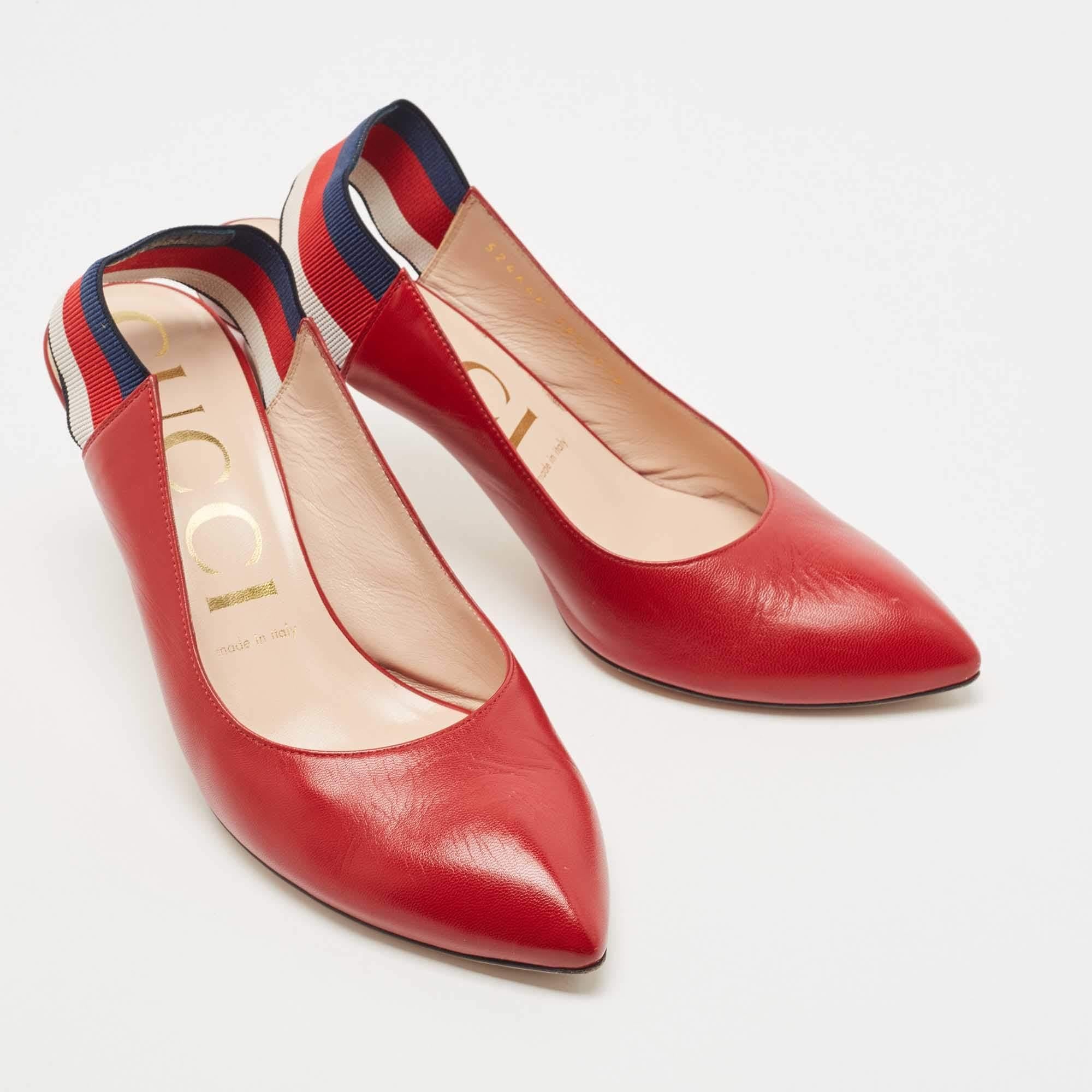 Gucci Red Leather Sylvie Web Slingback Pumps Size 38.5 2