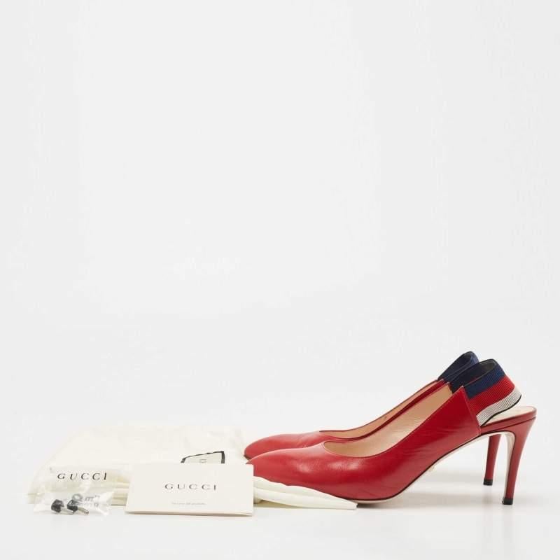 Gucci Red Leather Sylvie Web Slingback Pumps Size 38.5 5