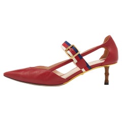 Gucci Red Leather Sylvie Web Strap Bamboo Heel Unia Pumps Size 39