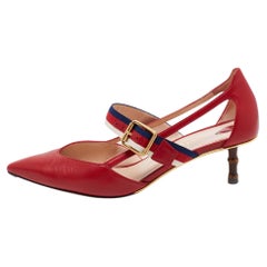 Gucci Red Leather Unia Web Strap Mary Jane Pumps Size 36.5