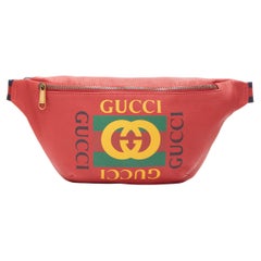 GUCCI red leather vintage GG web print blue web medium waist bag