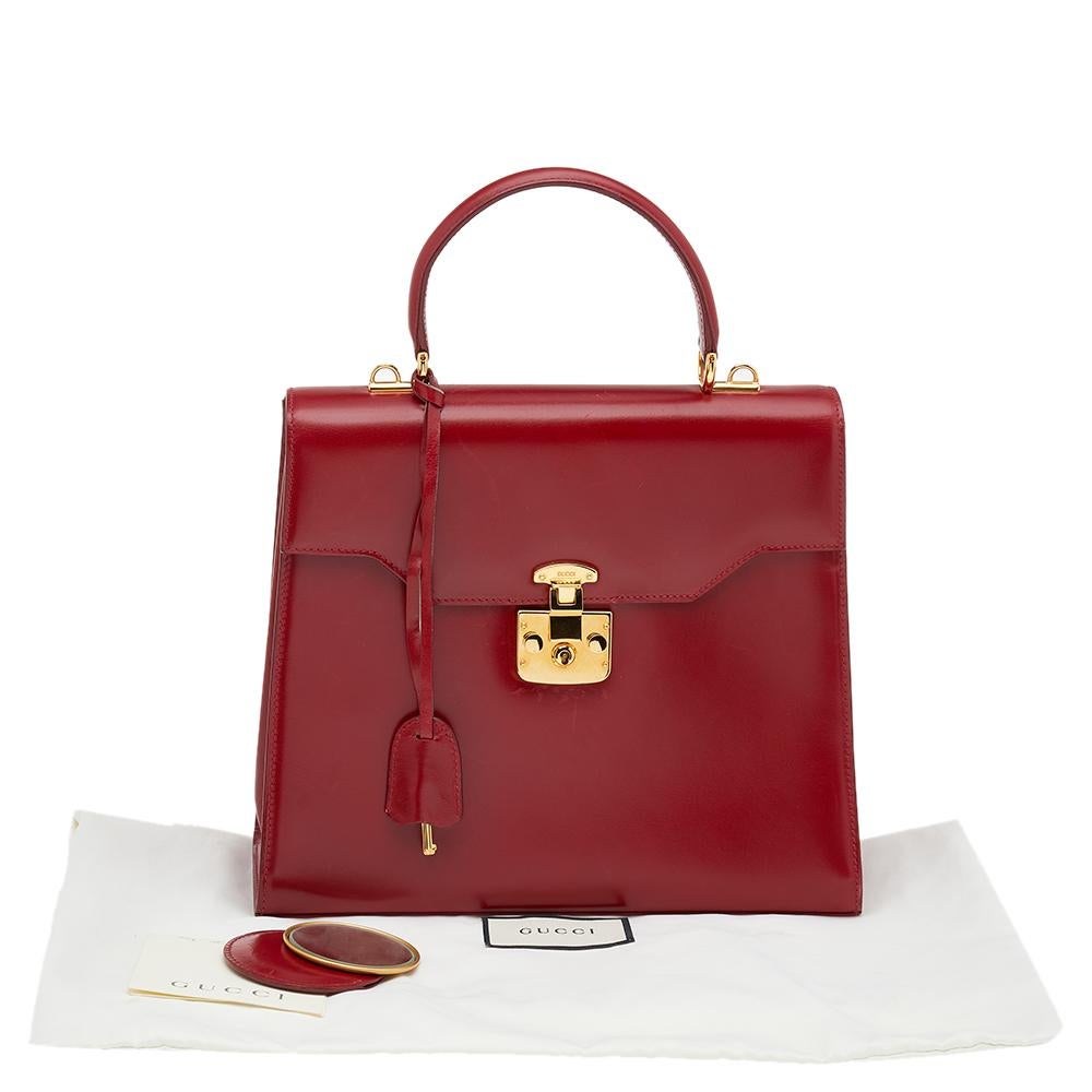 Gucci Red Leather Vintage Kelly Rare Lady Lock Top Handle Bag For 