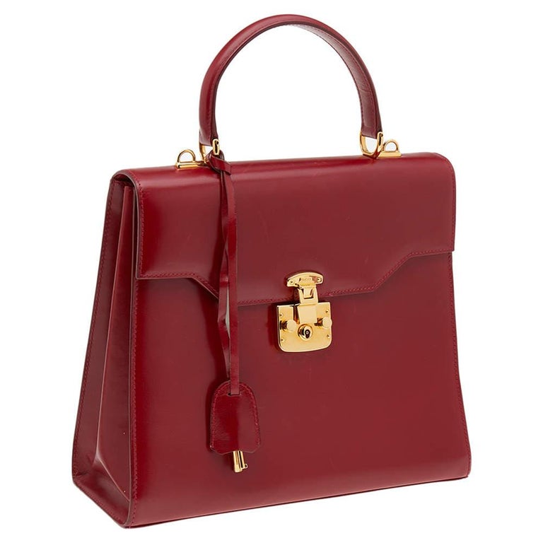 Gucci Red Leather Vintage Kelly Rare Lady Lock Top Handle Bag at