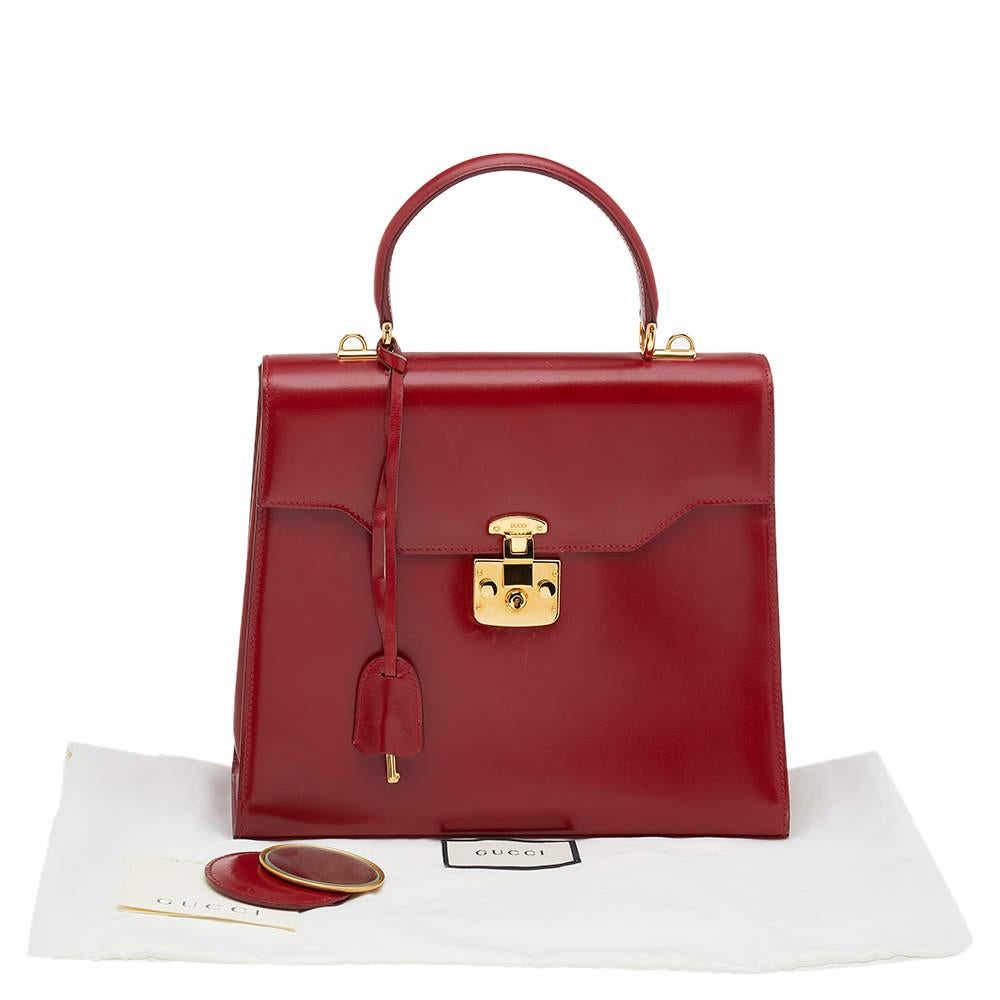 Gucci Red Leather Vintage Kelly Rare Lady Lock Top Handle Bag at