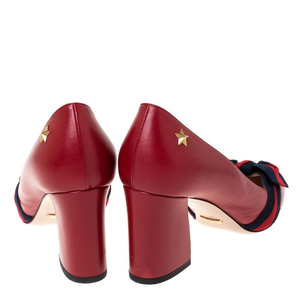 Women's Gucci Red Leather Web Bow Block Heel Pumps Size 38.5