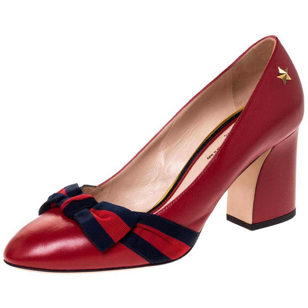 Gucci Red Leather Web Bow Block Heel Pumps Size 38.5