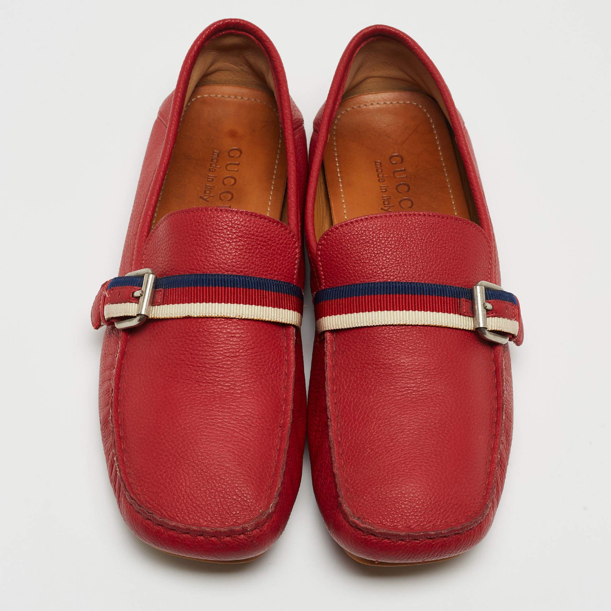Gucci Red Leather Web Buckle Loafers Size 43 3