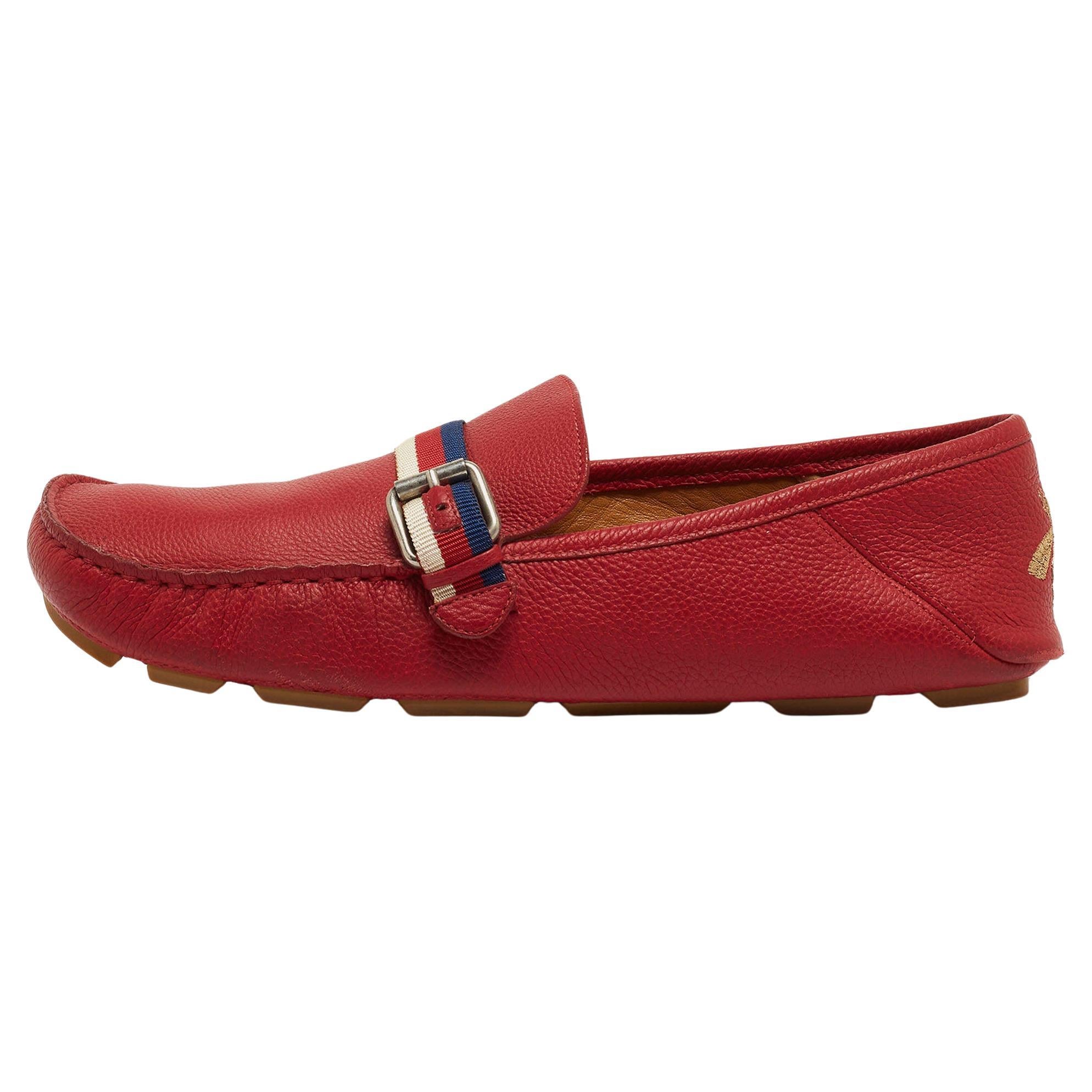Gucci Red Leather Web Buckle Loafers Size 43