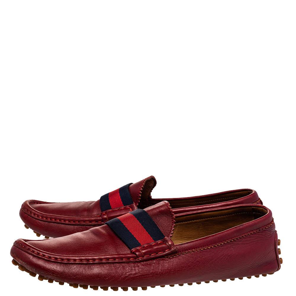 Women's Gucci Red Leather Web Detail Slip On Loafers Size 43.5 For Sale