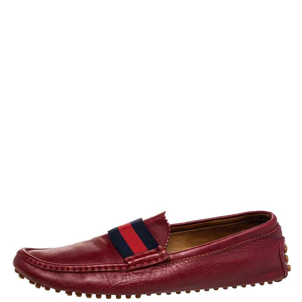 Gucci Red Leather Web Detail Slip On Loafers Size 43.5 For Sale 1