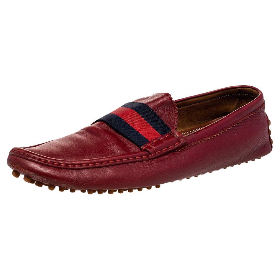 Gucci Red Leather Web Detail Slip On Loafers Size 43.5 For Sale