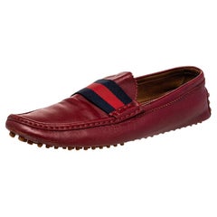 Used Gucci Red Leather Web Detail Slip On Loafers Size 43.5