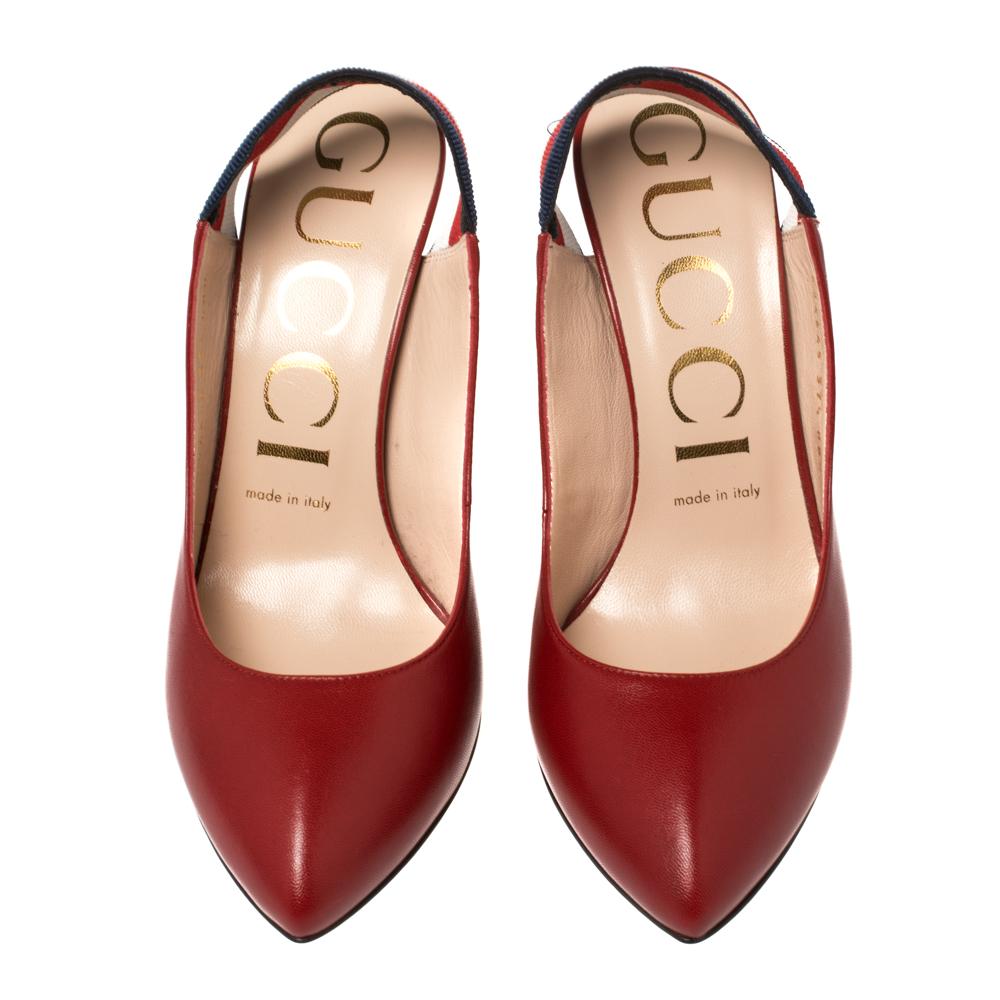 Amp up any outfit with these Gucci Sylvie sandals. Crafted from quality leather in Italy, they feature the signature Web striped elastic slingbacks with pointed toes and sleek 10.5 cm heels. The red exterior looks absolutely amazing!

