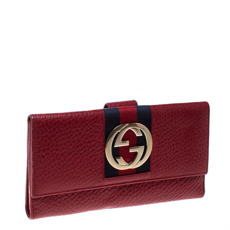 Brown Gucci Red Leather Web GG Interlocking Continental Wallet