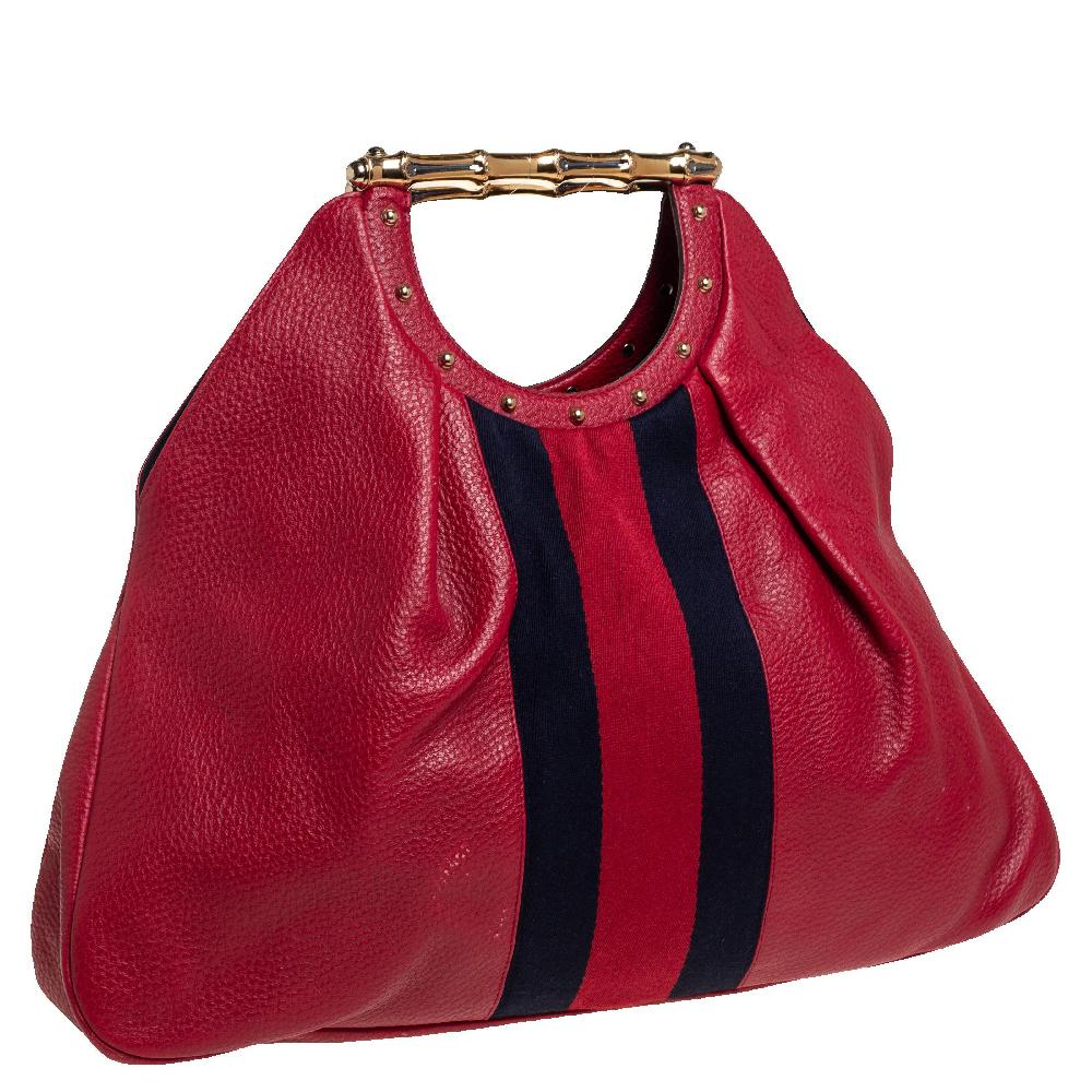 Women's Gucci Red Leather Web Metal Bamboo Tote
