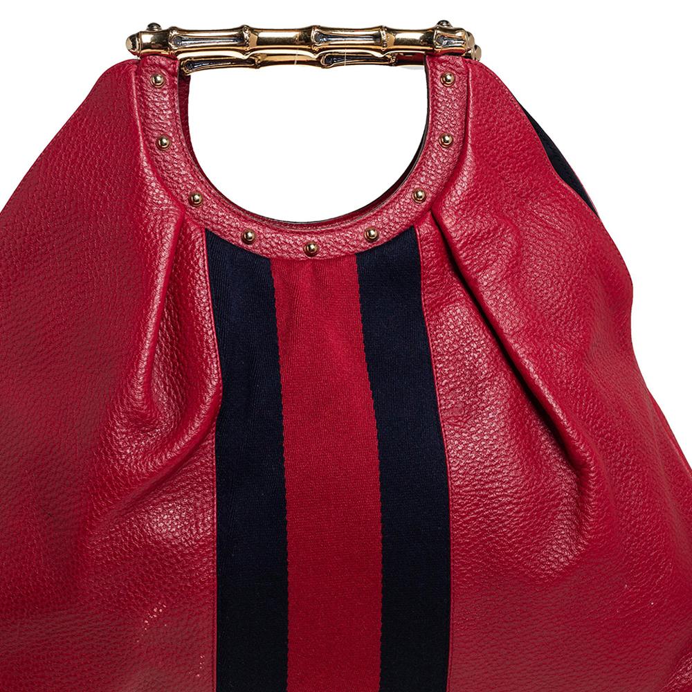 Gucci Red Leather Web Metal Bamboo Tote 2