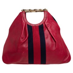Gucci Red Leather Web Metal Bamboo Tote