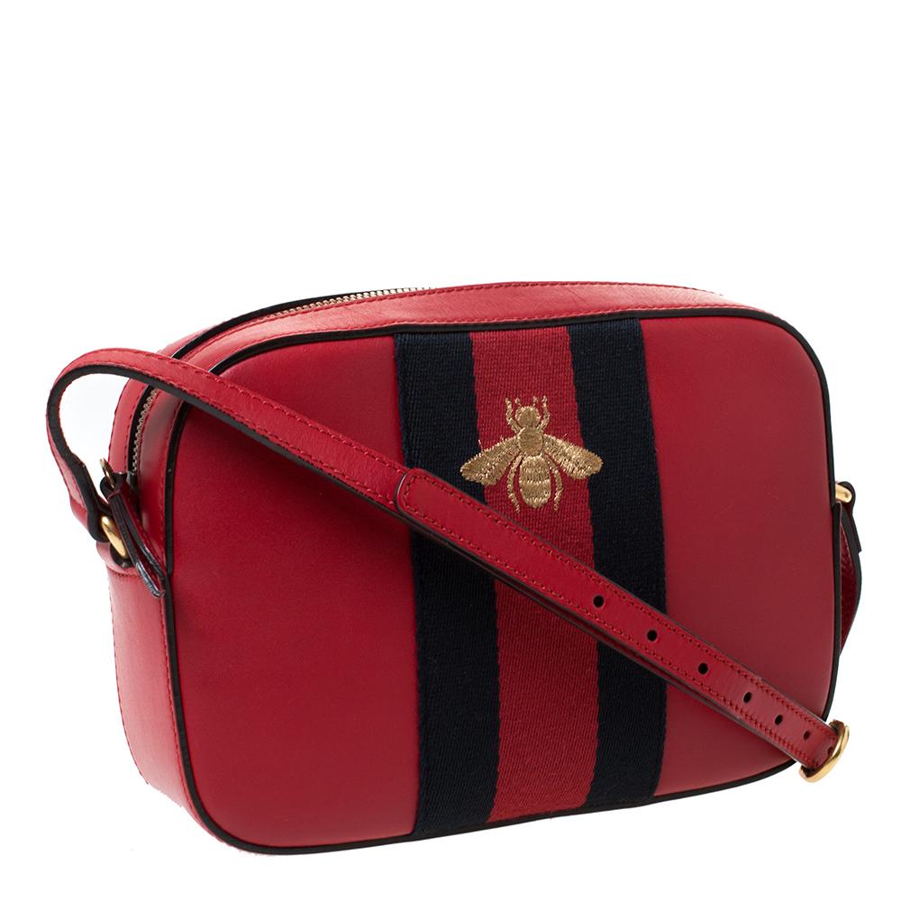 Gucci Broadway Pearly Bee Shoulder Bag Embellished Leather Mini Red 2253221