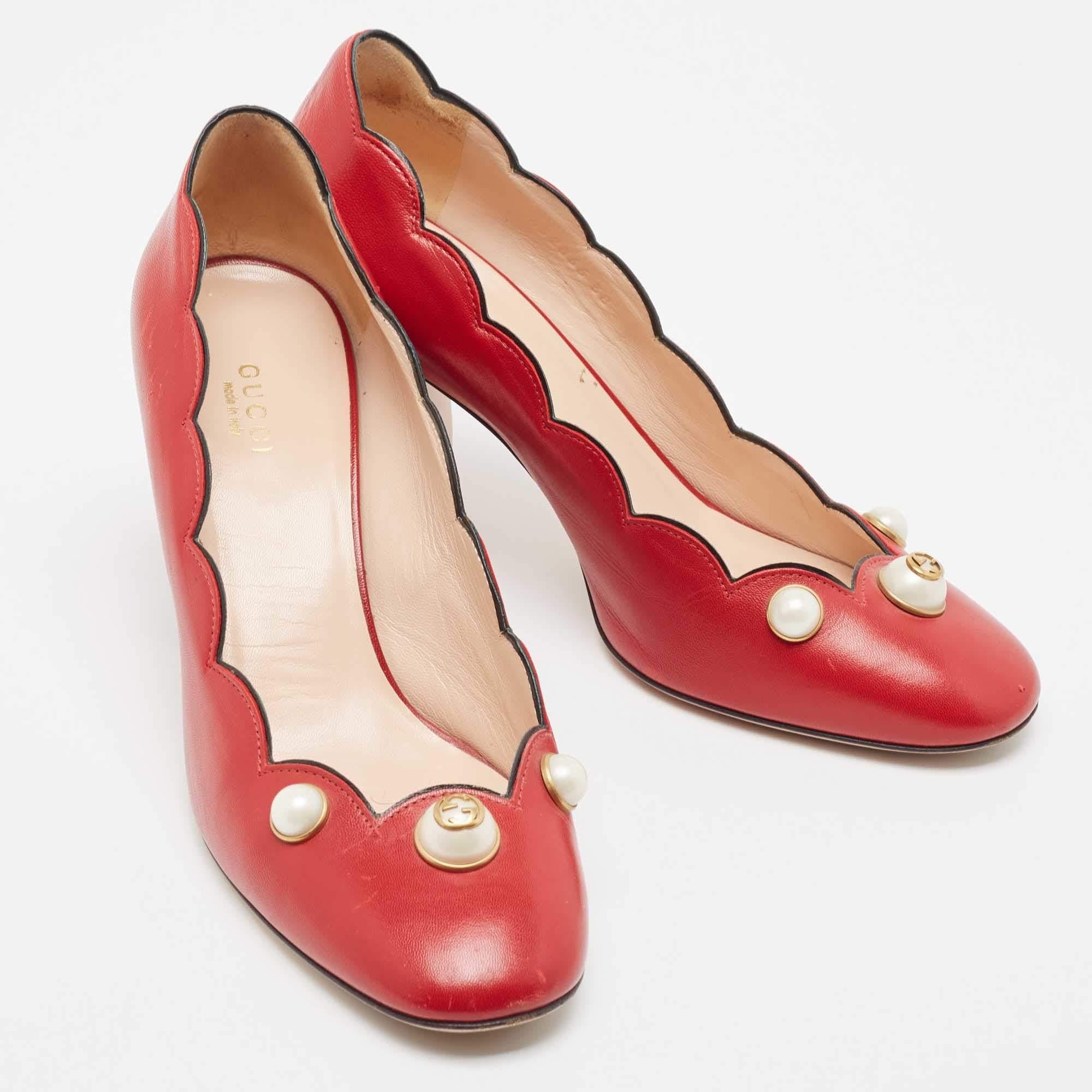 Women's Gucci Red Leather Willow Faux Pearl Block Heel Pumps Size 38
