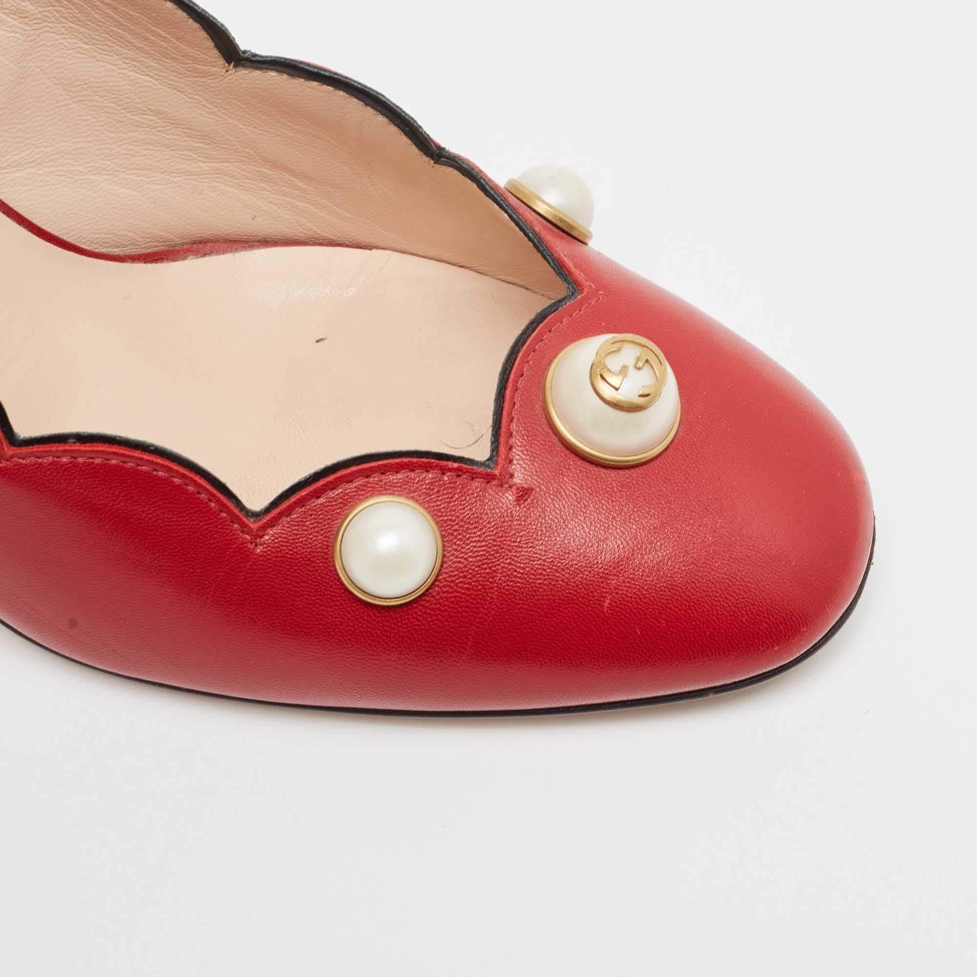 Gucci Red Leather Willow Faux Pearl Block Heel Pumps Size 38 3