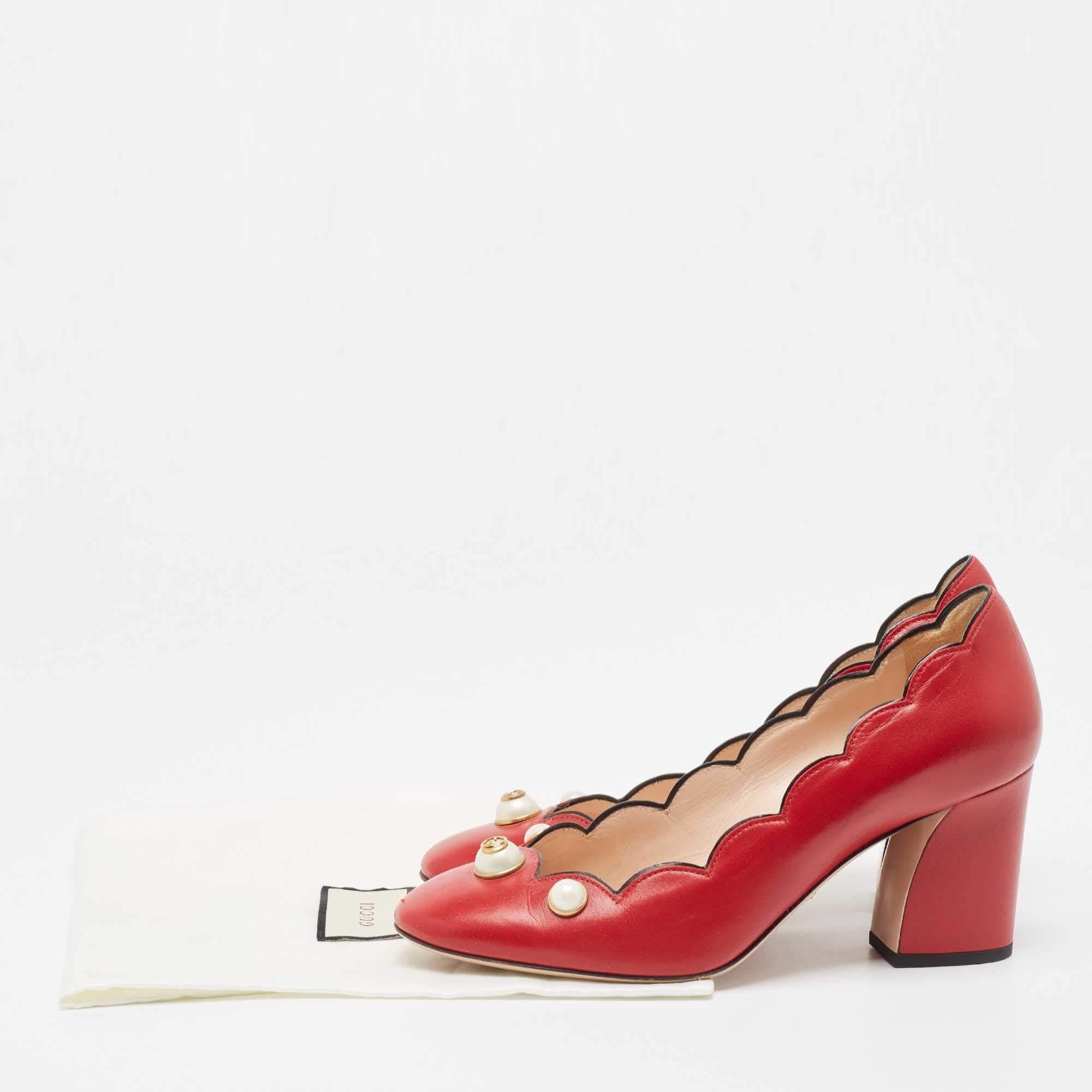 Gucci Red Leather Willow Faux Pearl Block Heel Pumps Size 38 5
