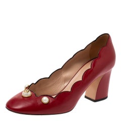 Gucci Red Leather Willow Faux Pearl Embellished Pumps Size 40