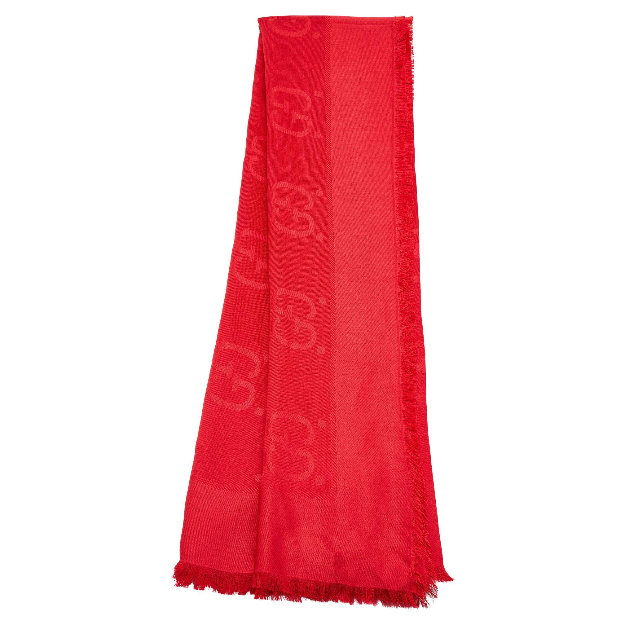 Gucci Red Logo Jacquard Silk and Wool Scarf For Sale at 1stDibs
