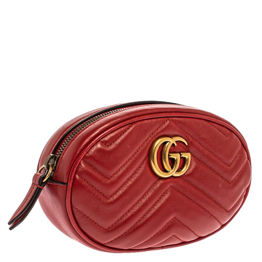 Women's Gucci Red Matelassé Leather GG Marmont Belt Bag