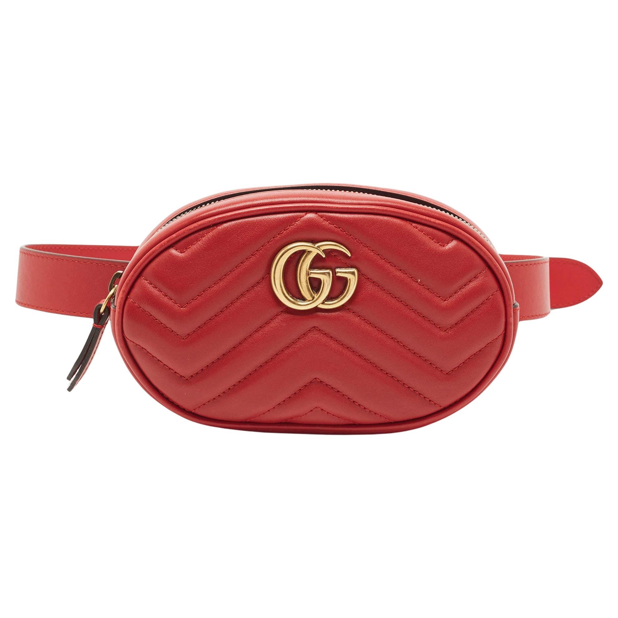 Gucci Red Matelassé Leather GG Marmont Belt Bag