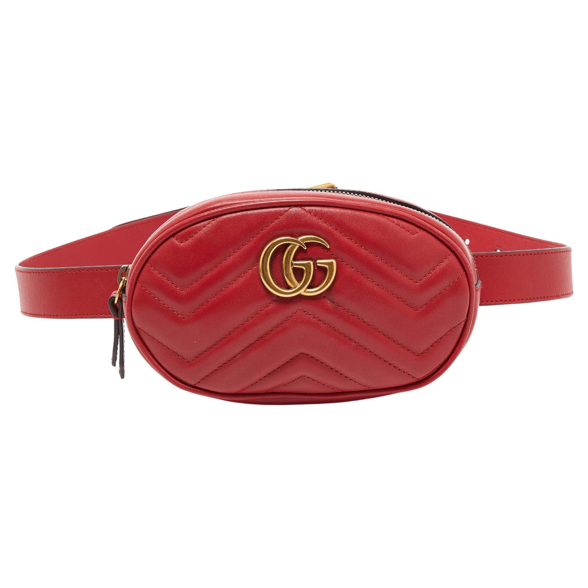 Gucci Red Matelassé Leather GG Marmont Belt Bag For Sale