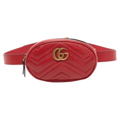 Used Gucci Red Matelassé Leather GG Marmont Belt Bag