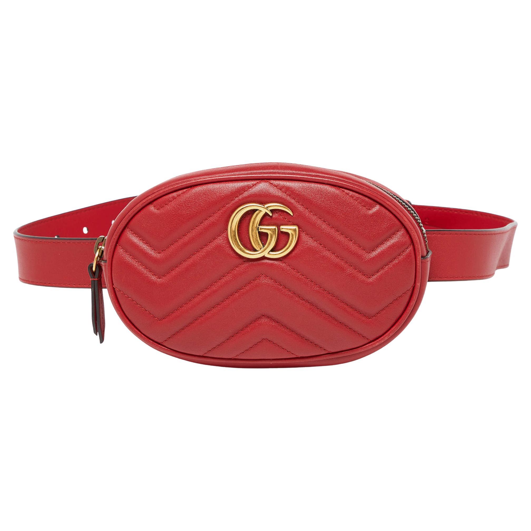 Gucci Red Matelassé Leather GG Marmont Belt Bag For Sale