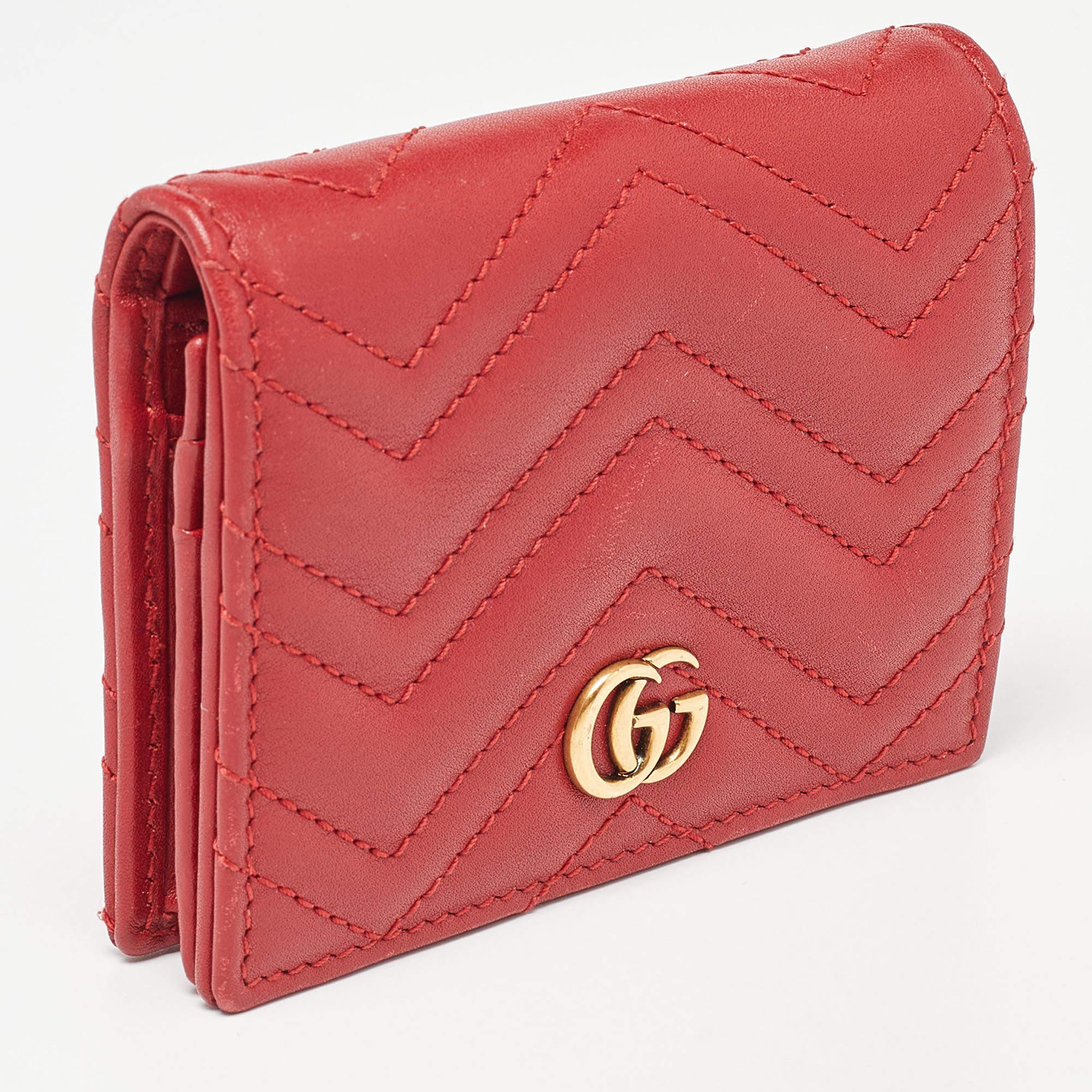 Gucci Red Matelassé Leather GG Marmont Flap Card Case 2