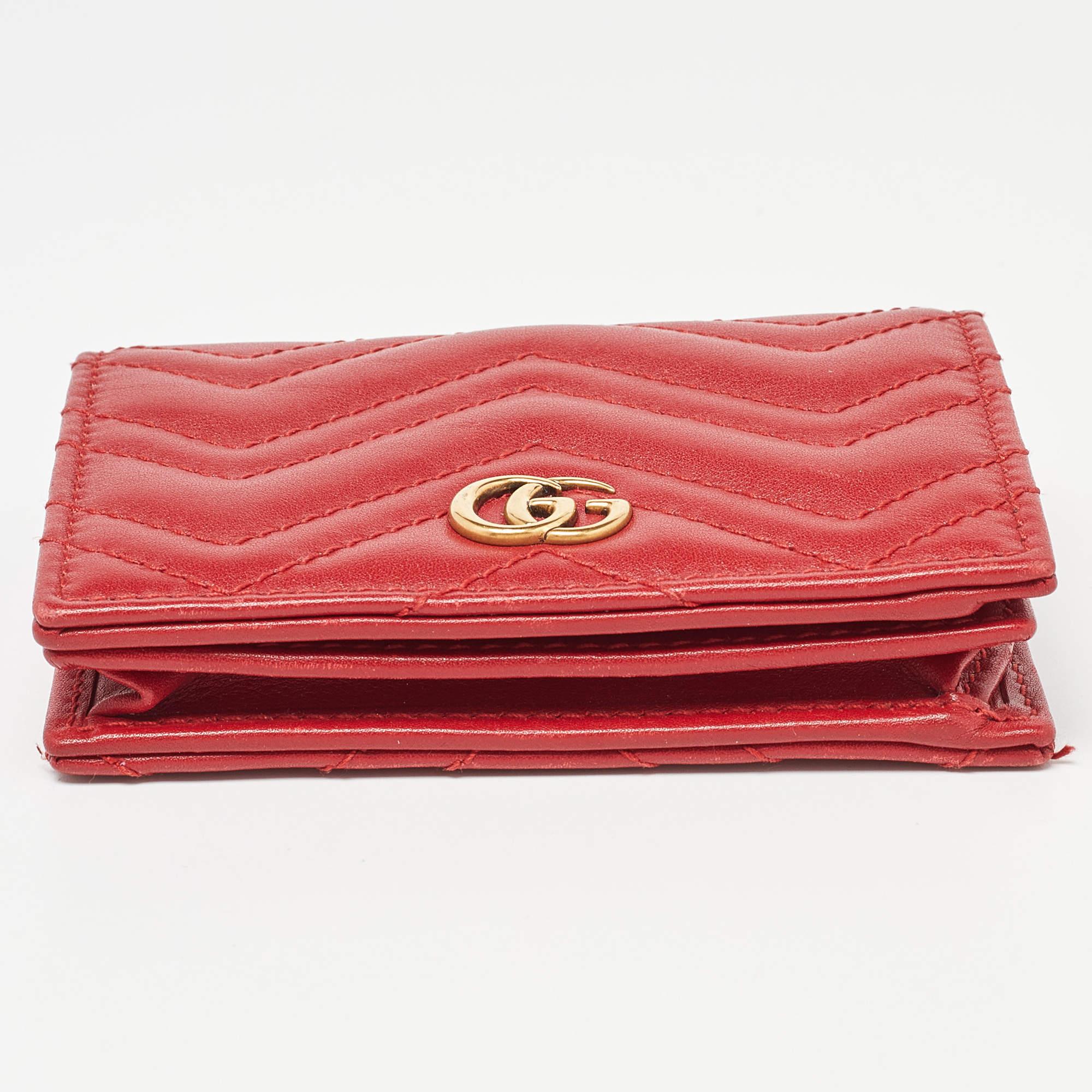 Gucci Red Matelassé Leather GG Marmont Flap Card Case 3