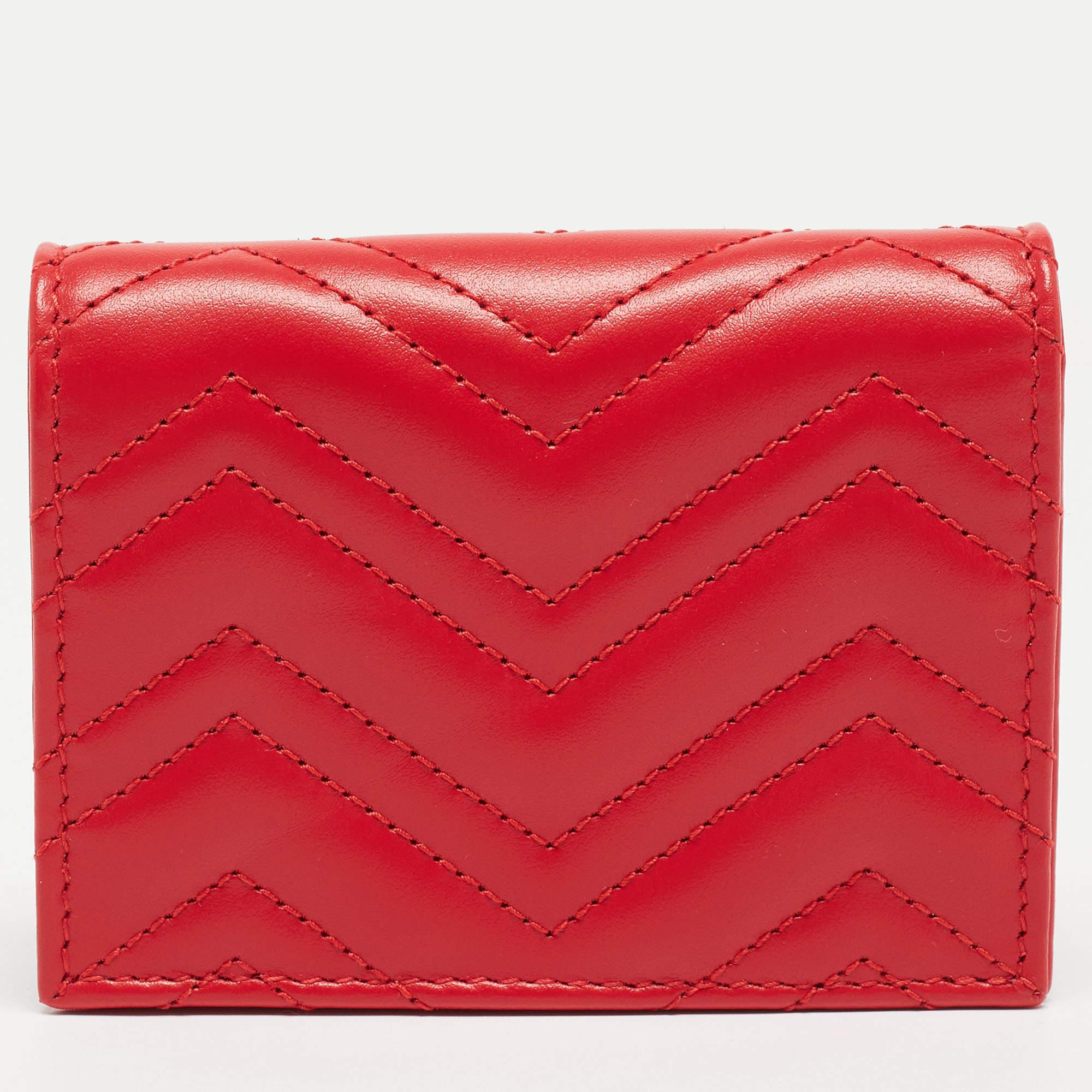 Gucci Red Matelassé Leather GG Marmont Flap Card Case 4