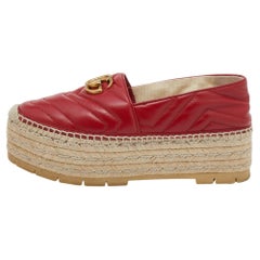 Gucci Red Matelassé Leather GG Marmont Pilar Platform Espadrille Flats Size 38.5