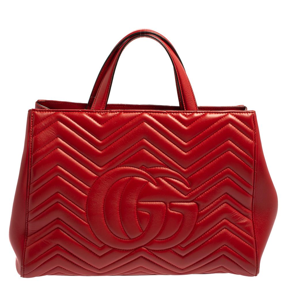Women's Gucci Red Matelassé Leather GG Marmont Tote