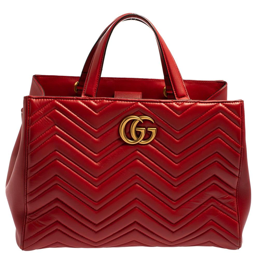 Gucci Red Matelassé Leather GG Marmont Tote