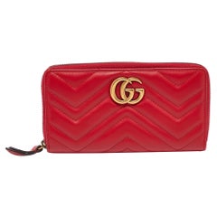 Gucci Red Matelasse Leather GG Marmont Zip Around Wallet