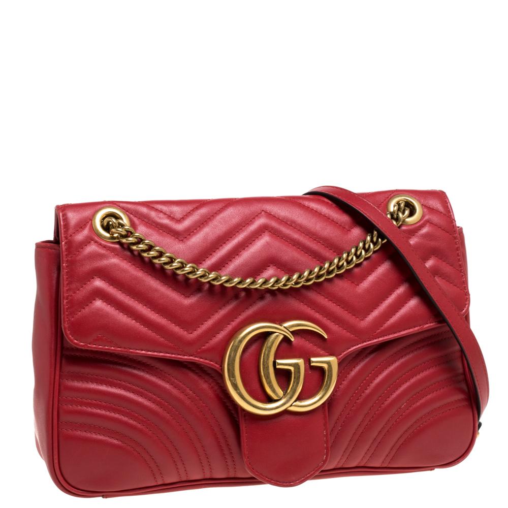 Gucci Red Matelasse Leather Medium GG Marmont Shoulder Bag In Good Condition In Dubai, Al Qouz 2